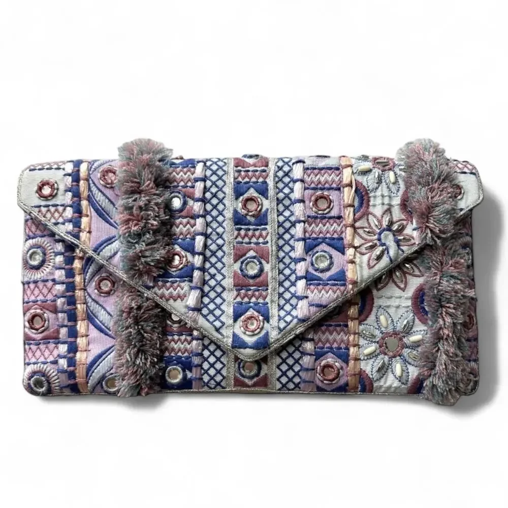 Chico's Boho Fringe Embroidered Purple Blue Multicolor Evening Party Clutch NWT